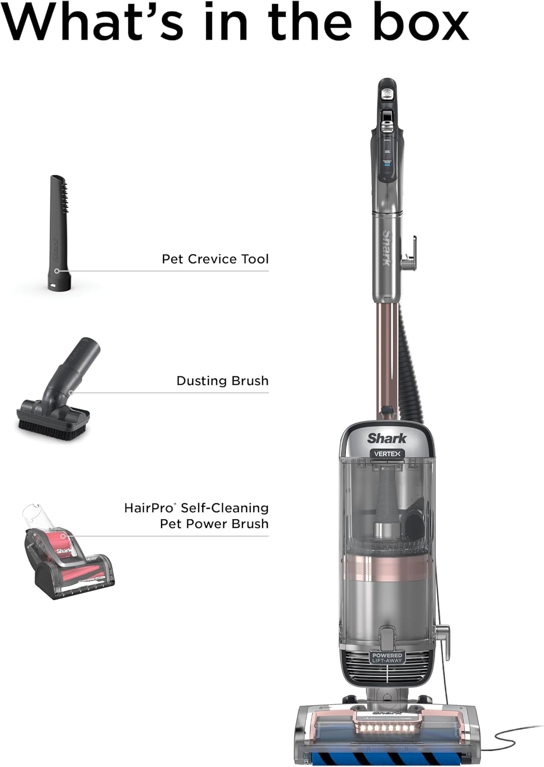 Shark AZ2002 Vertex Powered Lift-Away Upright Vacuum with DuoClean PowerFins, Self-Cleaning Brushroll, Large Dust Cup, Pet Crevice Tool, Dusting Brush & Power Brush, Silver/Rose Gold