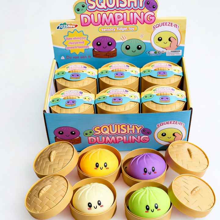 (Draft) Squishy Dumpling Stress Relief Toy - Slow Rise Squishy, Sensory Fidget, Mystery Box with Bamboo Basket