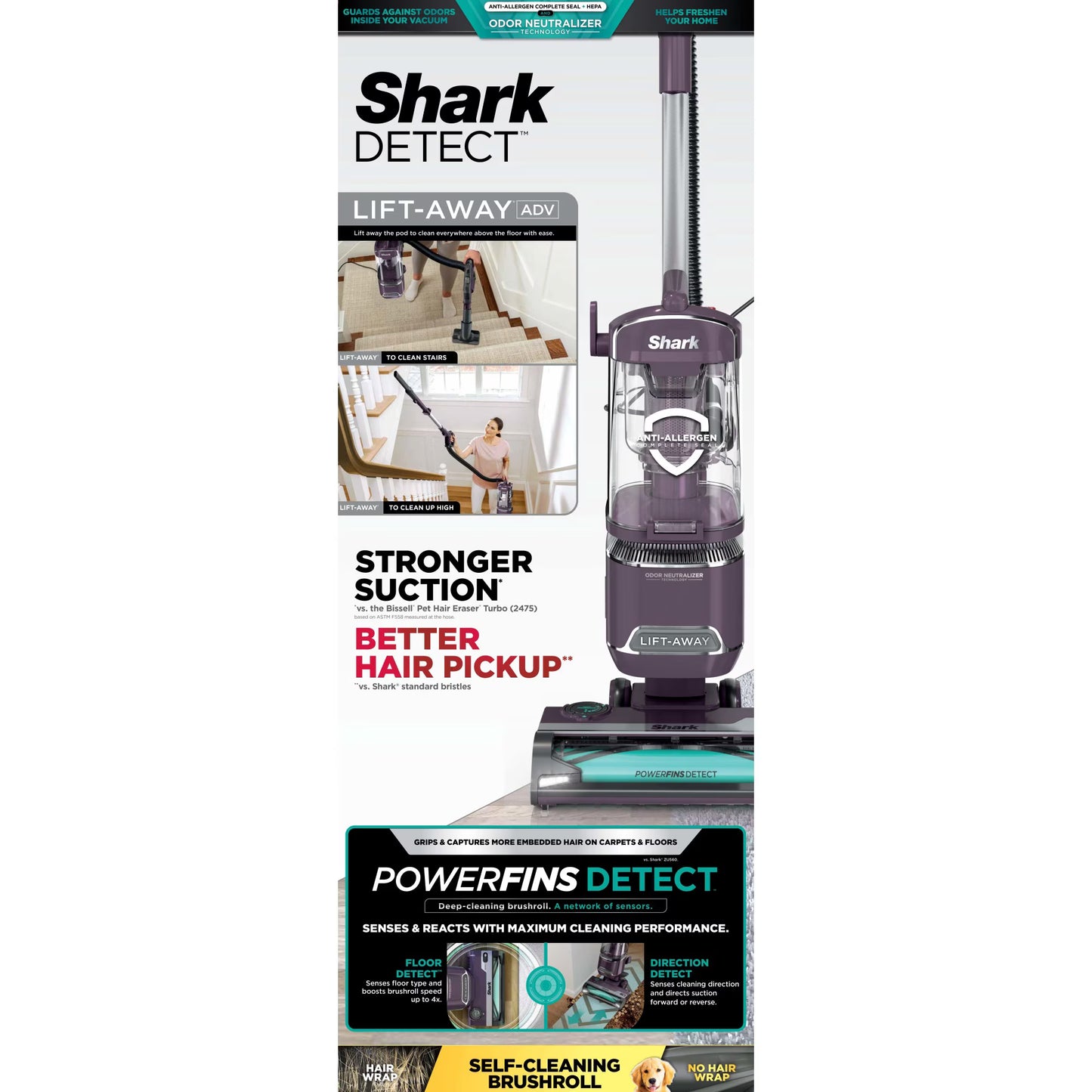 Restored Shark Detect Lift-Away ADV Upright Vacuum, Pet Friendly, Floor Detect, Direction Detect, PowerFins Self-Cleaning Brushroll, LA490 Mauve