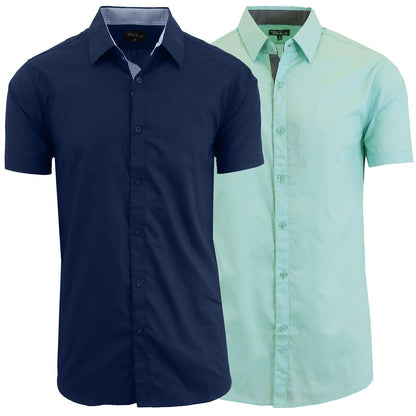 Men's Short Sleeve Dress Button Down Causal Shirt Fancy Solid Slim Fit 2 PACK NEW