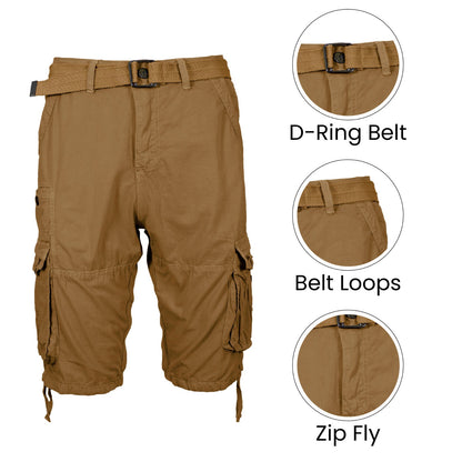 Men's Distressed Washed Cotton Cargo Shorts With Belt (Size 30-42) NEW