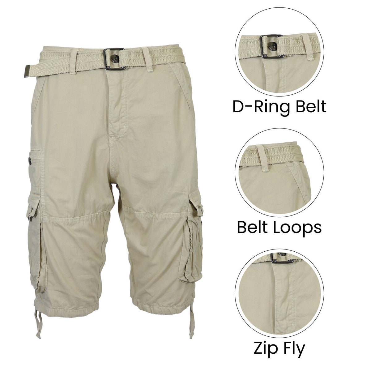Men's Distressed Washed Cotton Cargo Shorts With Belt (Size 30-42) NEW