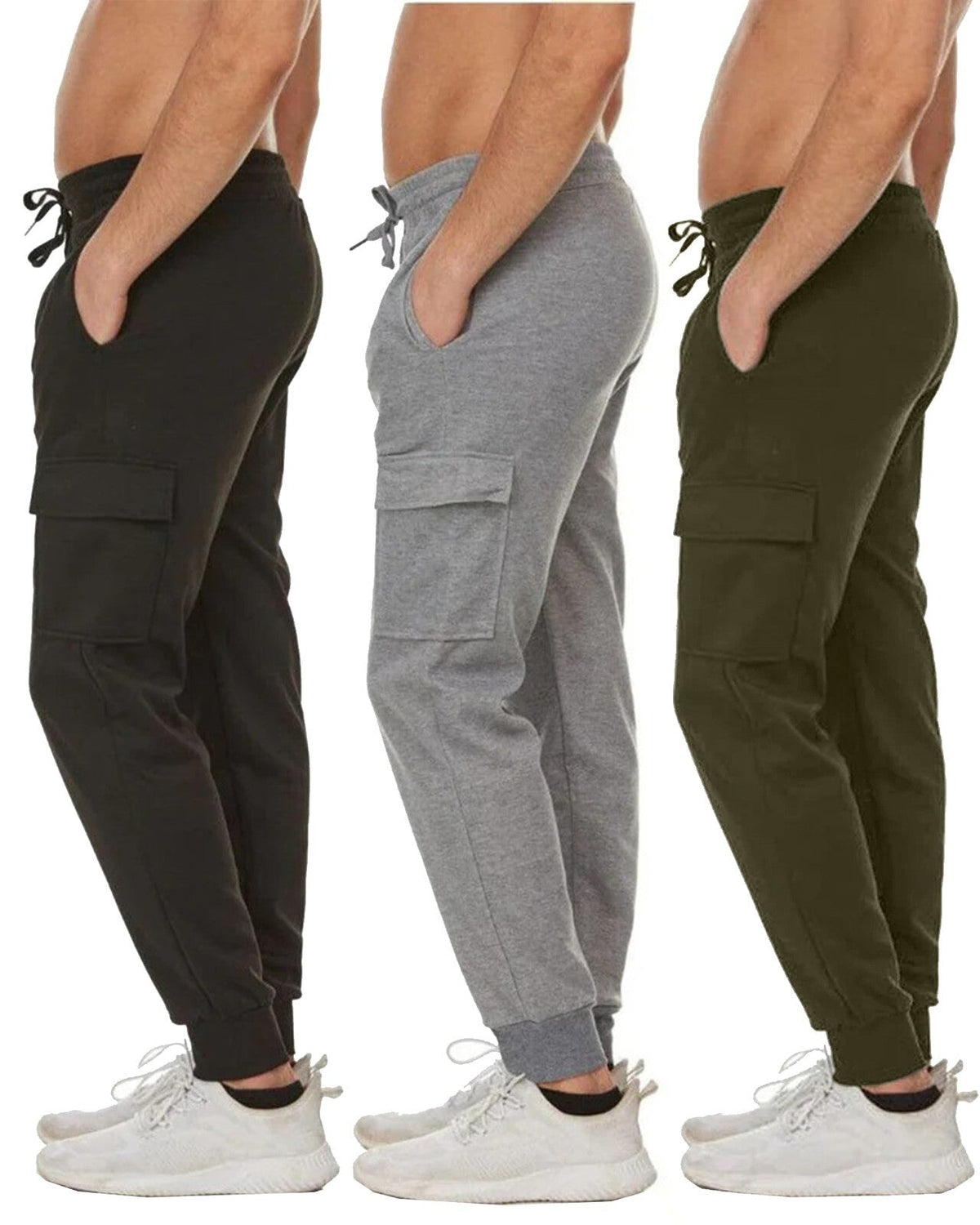 Men Fleece-Lined Cargo Jogger Sweatpants (Size: S-3XL) (3-Pack)