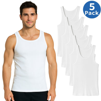Men’s Ribbed Classic Crew Neck Tank Tops Undershirts Soft Cotton Blend 5-Pack