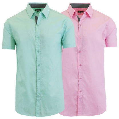 Men's Short Sleeve Dress Button Down Causal Shirt Fancy Solid Slim Fit 2 PACK NEW