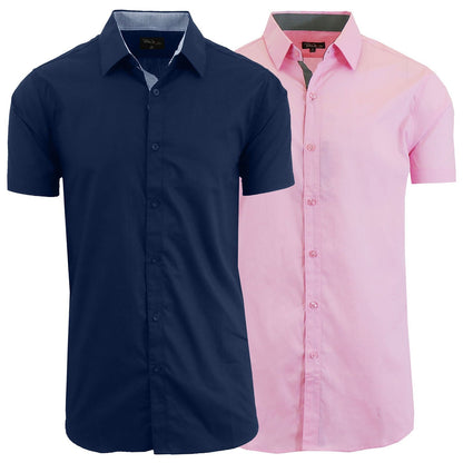 Men's Short Sleeve Dress Button Down Causal Shirt Fancy Solid Slim Fit 2 PACK NEW