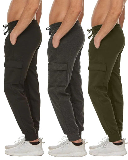 Men Fleece-Lined Cargo Jogger Sweatpants (Size: S-3XL) (3-Pack)