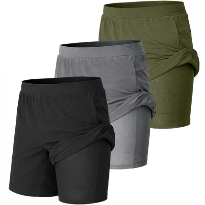 3-Pack Men's 2-in-1 Running Shorts Quick Dry Stretch Athletic Gym Workout Shorts