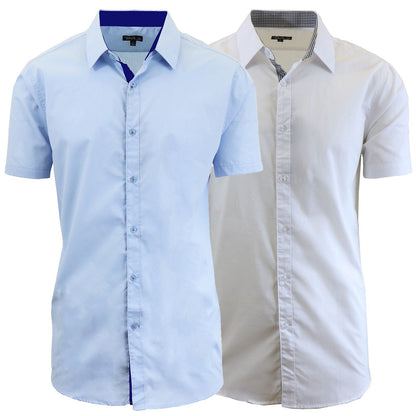 Men's Short Sleeve Dress Button Down Causal Shirt Fancy Solid Slim Fit 2 PACK NEW