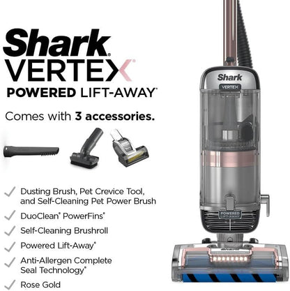 Shark AZ2002 Vertex Powered Lift-Away Upright Vacuum with DuoClean PowerFins, Self-Cleaning Brushroll, Large Dust Cup, Pet Crevice Tool, Dusting Brush & Power Brush, Silver/Rose Gold