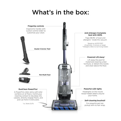Shark AZ2002 Vertex Powered Lift-Away Upright Vacuum with DuoClean PowerFins, Self-Cleaning Brushroll, Large Dust Cup, Pet Crevice Tool, Dusting Brush & Power Brush, Silver/Rose Gold