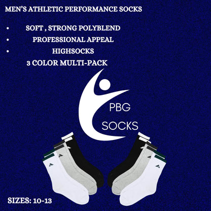 PBG Men's Socks 6 Pair Athletic performance MultiPack Activewear 10-13 HighSocks - PremiumBrandGoods