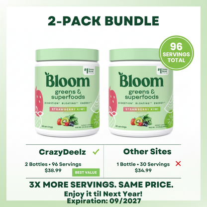 Bloom Nutrition Superfood Greens Powder, Strawberry Kiwi, 2-Pack (96 Servings Total)