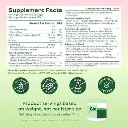 Bloom Nutrition Superfood Greens Powder, Strawberry Kiwi, 2-Pack (90 Servings Total)