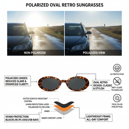 Polarized oval retro sunglasses features and benefits - UV protection and vintage design