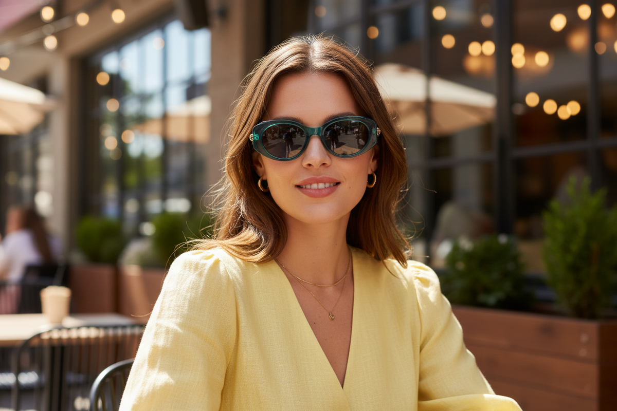 Woman wearing oval retro sunglasses on her face outdoors - lifestyle image