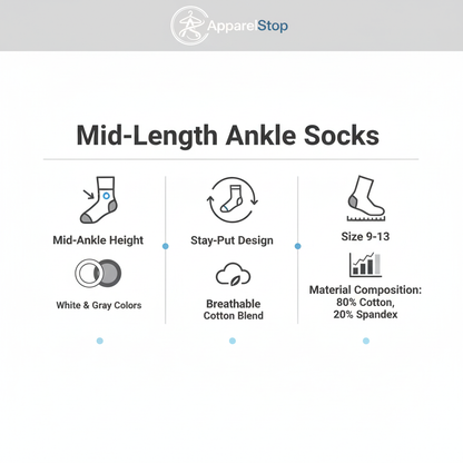 Mid-Length Ankle Socks Features - White & Gray, Size 9-13, Stay-put design