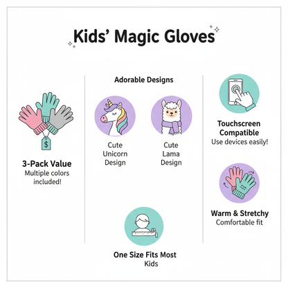 Kids' Winter Magic Gloves 3-Pack - Unicorn & Llama Designs - PremiumBrandGoods