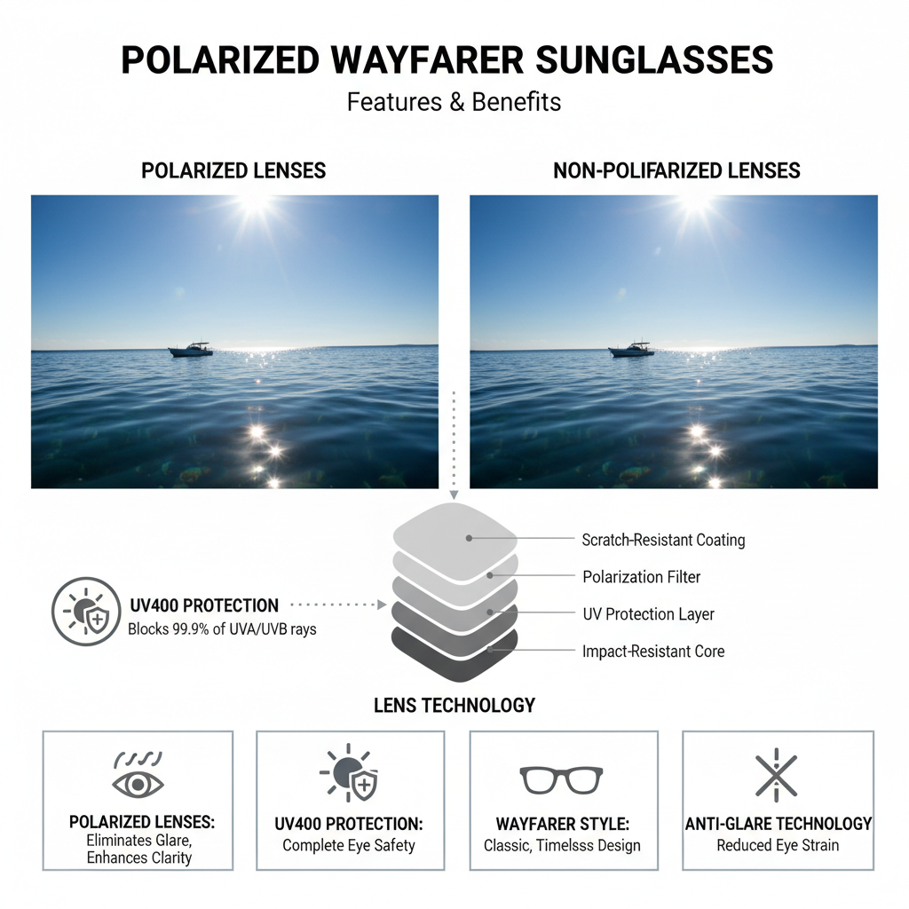 Polarized wayfarer sunglasses features and benefits - UV protection and classic design