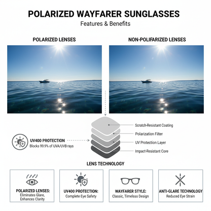 Polarized wayfarer sunglasses features and benefits - UV protection and classic design