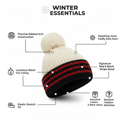 Women's Thermal Pom Pom Winter Hats - Assorted 2 Pack with Fur Lining