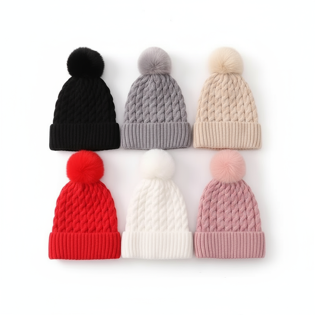 Women's Velvet Checkered Winter Hat 2-Pack - Winnie Pom Pom Beanie - PremiumBrandGoods