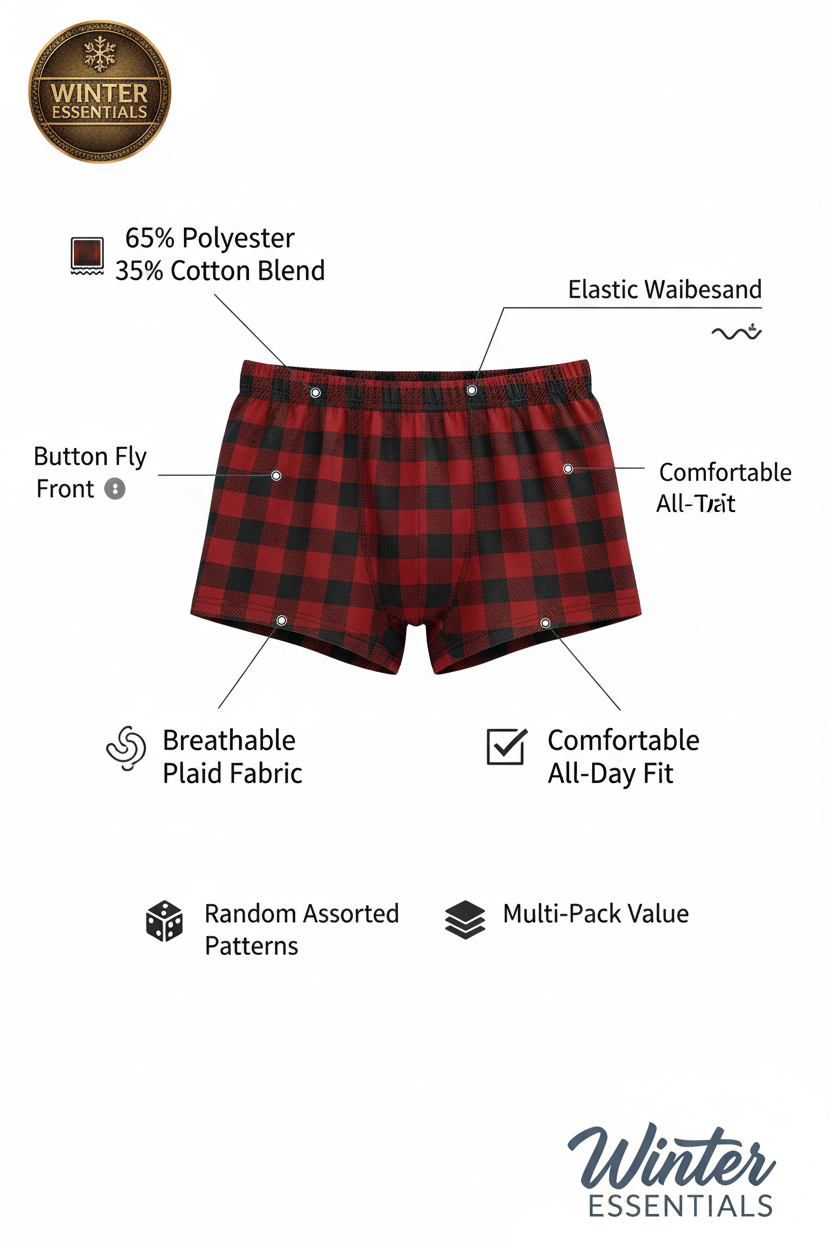 Men's Plaid Boxer Briefs 3 6 12 Pack Button Fly Underwear Trunks Shorts S-3XL