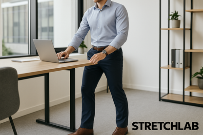Lifestyle shot of man wearing navy StretchLab work pants in workplace setting