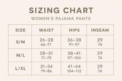 Pajama Pants Sizing Chart